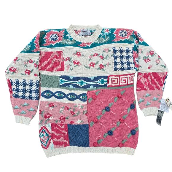 VTG Patchwork Sweater Crystal Kobe Size Petite Medium Pink Blue Beige Floral NWT - Picture 9 of 9